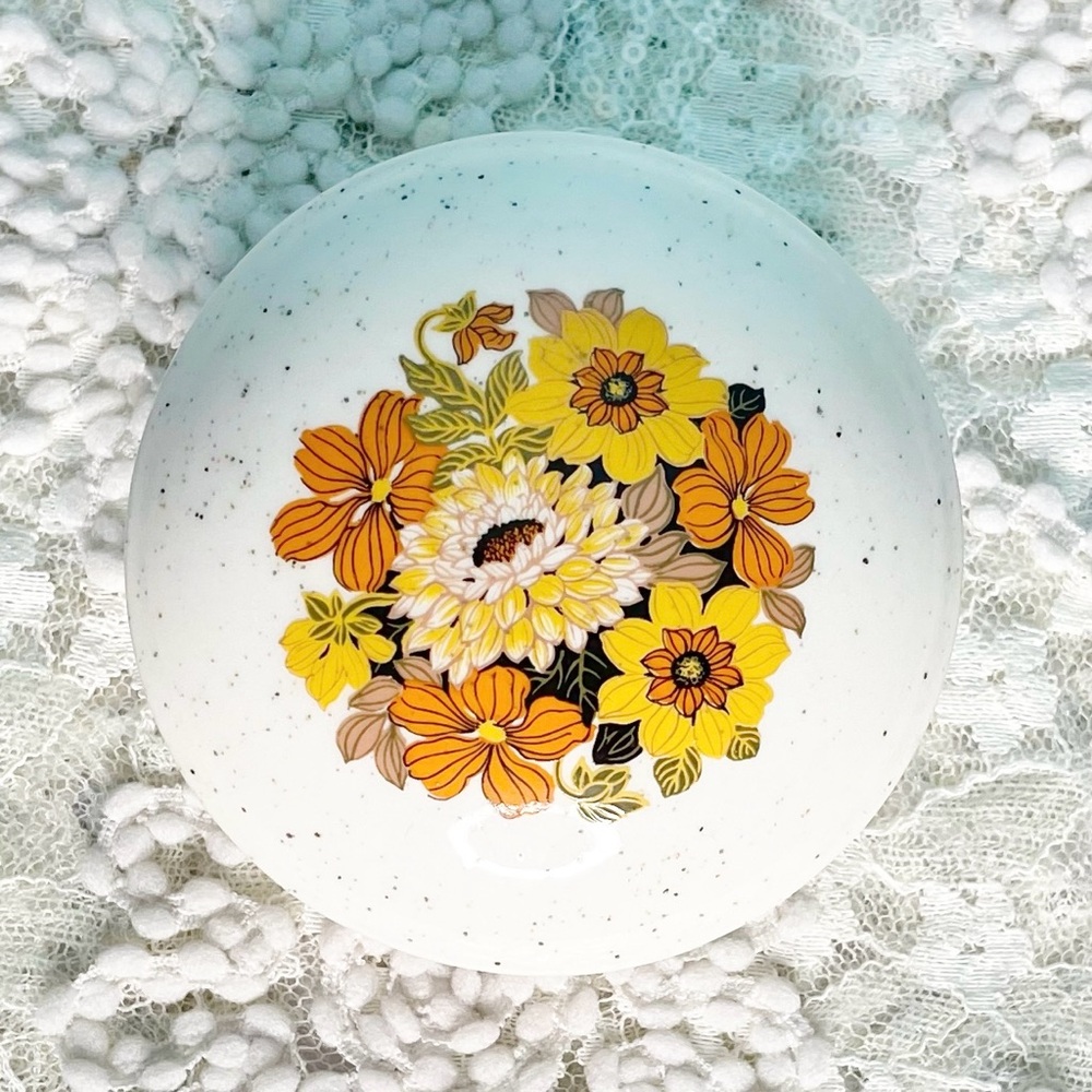 Vintage Holland Covered Trinket Dish Mold Yellow Orange Floral 1970